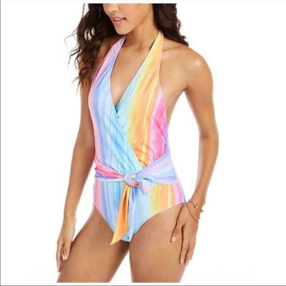 Rachel Roy Multi Stripe Watercolor One Piece Swimsuit L - Picture 2 of 6